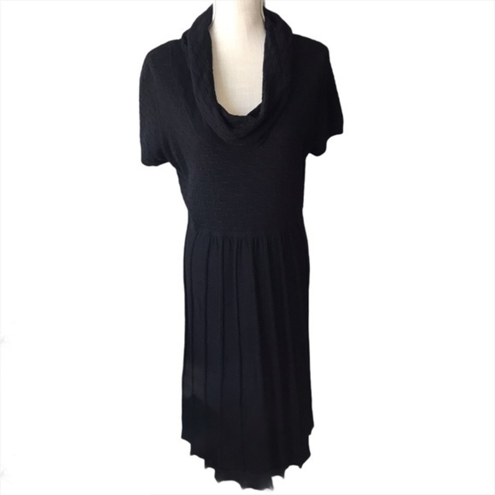 Chic Black Cowl Neck Knit Midi Dress Fit Flare Short Sleeve  L